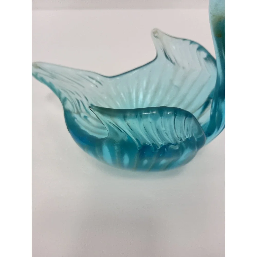 Vintage Art Glass Swan Bowl Blue Trinket Dish Decor Mid Century Modern Coastal